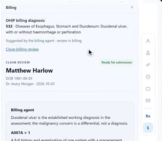 Bob Doc's billing panel for a synthetic patient: a suggested OHIP diagnostic code, a claim marked ready for submission after staff approval, and the billing agent's reasoning for an A007A service code.