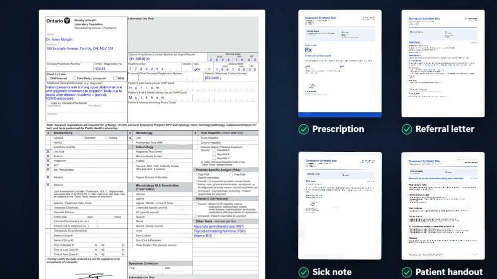 A filled Ontario laboratory requisition beside a prescription, referral letter, sick note and patient handout prepared from the same synthetic visit.