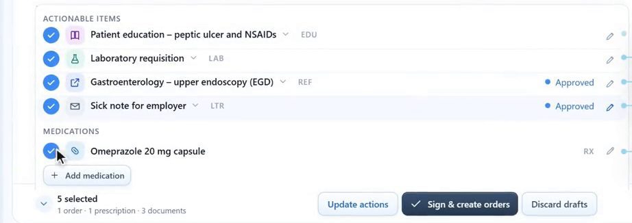 Actionable items drafted from a Bob Doc visit plan: patient education, a laboratory requisition, a gastroenterology referral, a sick note and a prescription, with Sign and create orders.