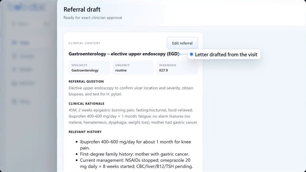 A referral draft in Bob Doc, with the referral question, clinical rationale and relevant history drafted from the synthetic visit.