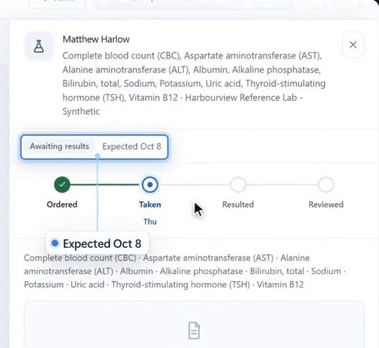 An expected lab result in Bob Doc for a synthetic patient: ordered, expected October 8, with no report yet.