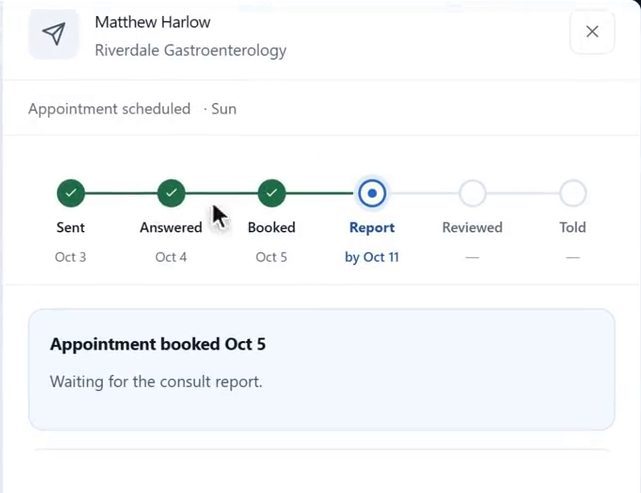 A referral tracker in Bob Doc for a synthetic patient, with sent, answered and booked dates recorded for the demo, waiting for the consult report.
