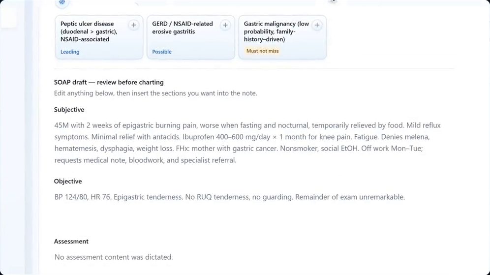 A drafted SOAP note in Bob Doc for a synthetic patient, marked for review before charting, with suggested differential diagnoses above it.